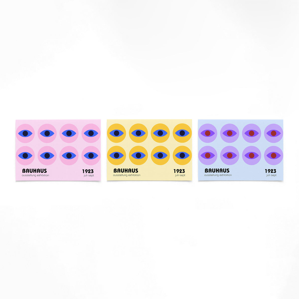 Drie landscape posters met rijen ogen in kleur als vrijstaande productfoto