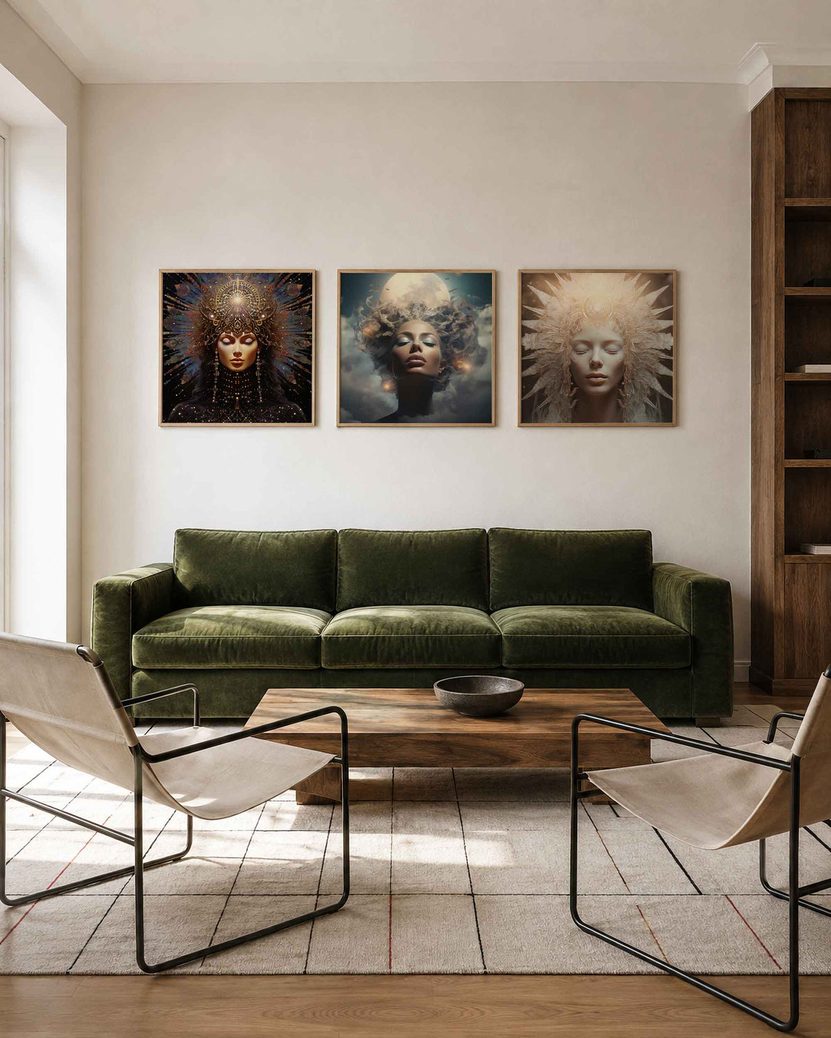Interieurpresentatie van een driedelige vierkante posterset met kosmische vrouwenportretten