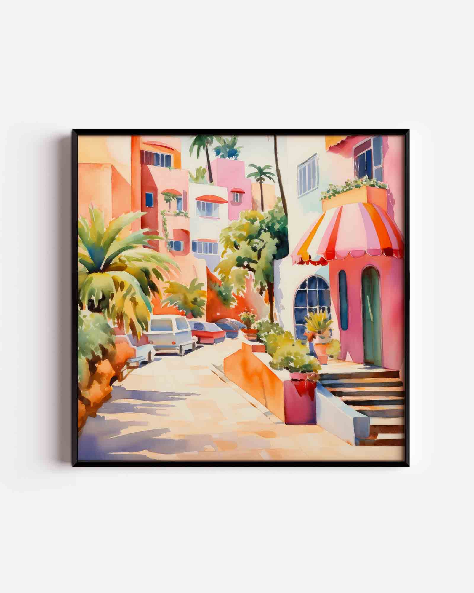 Zonnige straat met palmbomen Poster