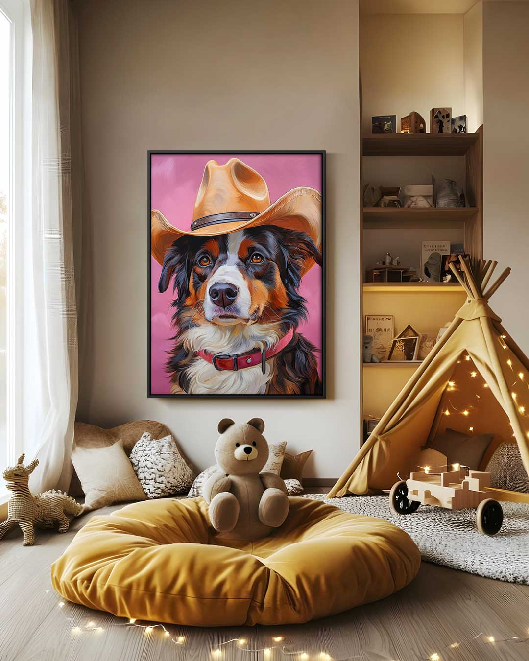 Stoere Hondencowboy op Roze Kunstwerk