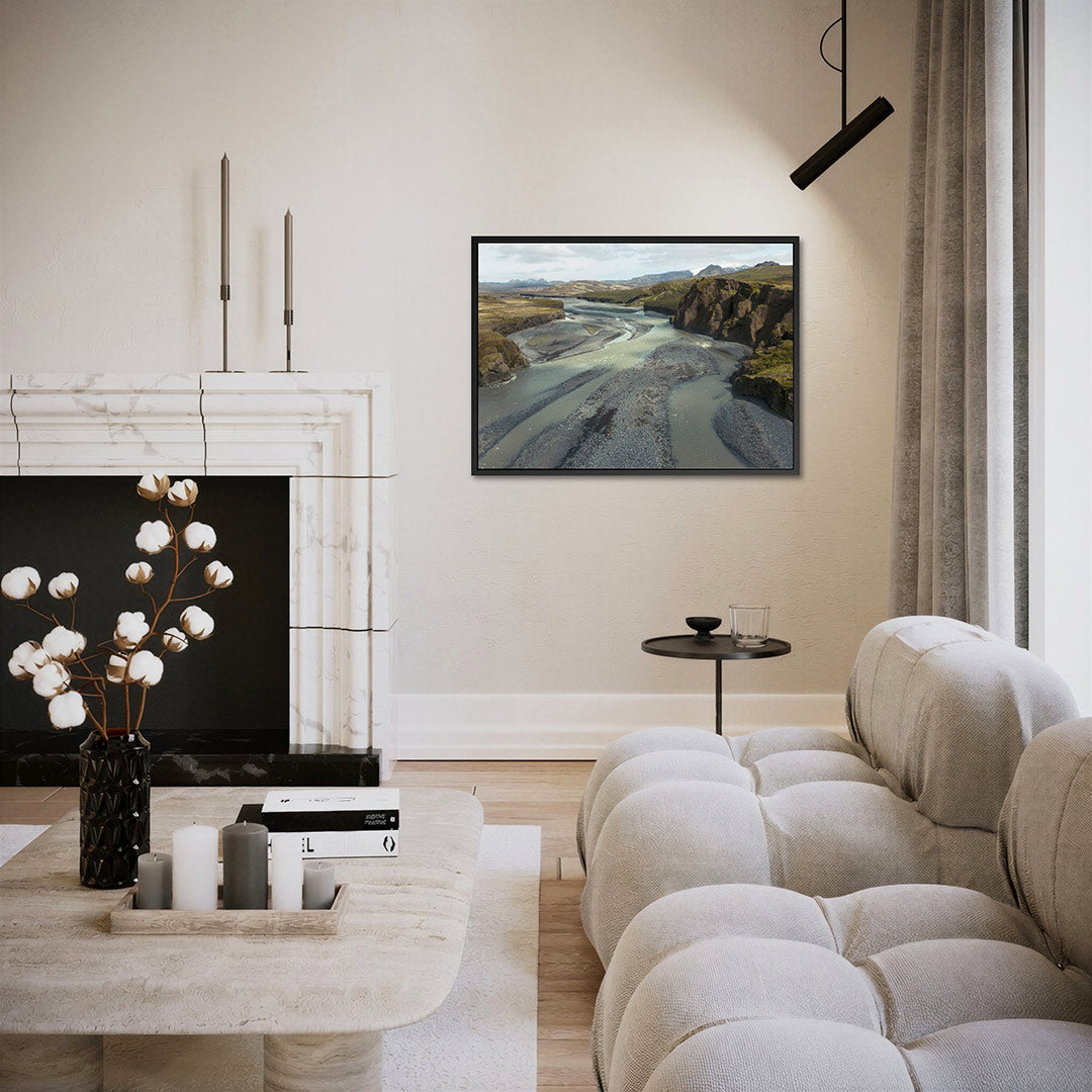 Rivierlandschap met bergen Kunstwerk