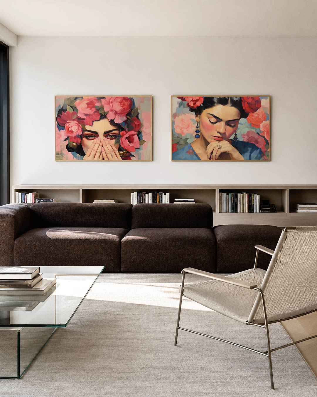 Tweedelige posterset met een gezicht omringd door levendige roze bloemen, getoond in een interieur