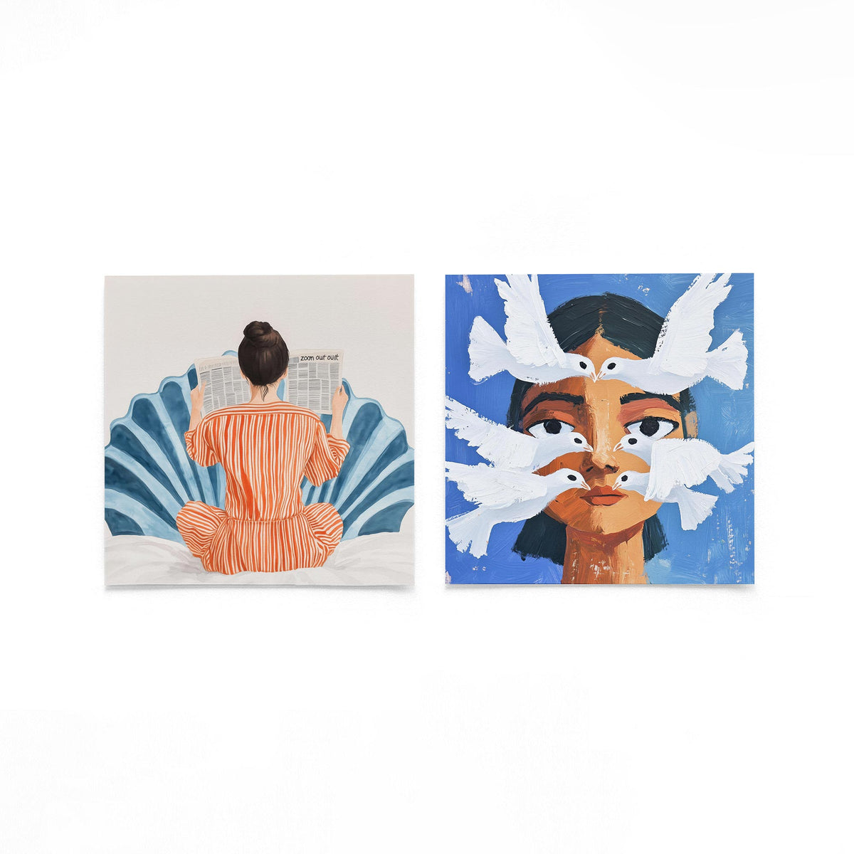 Twee vierkante posters met lezende vrouw en duiven op een gebroken witte achtergrond