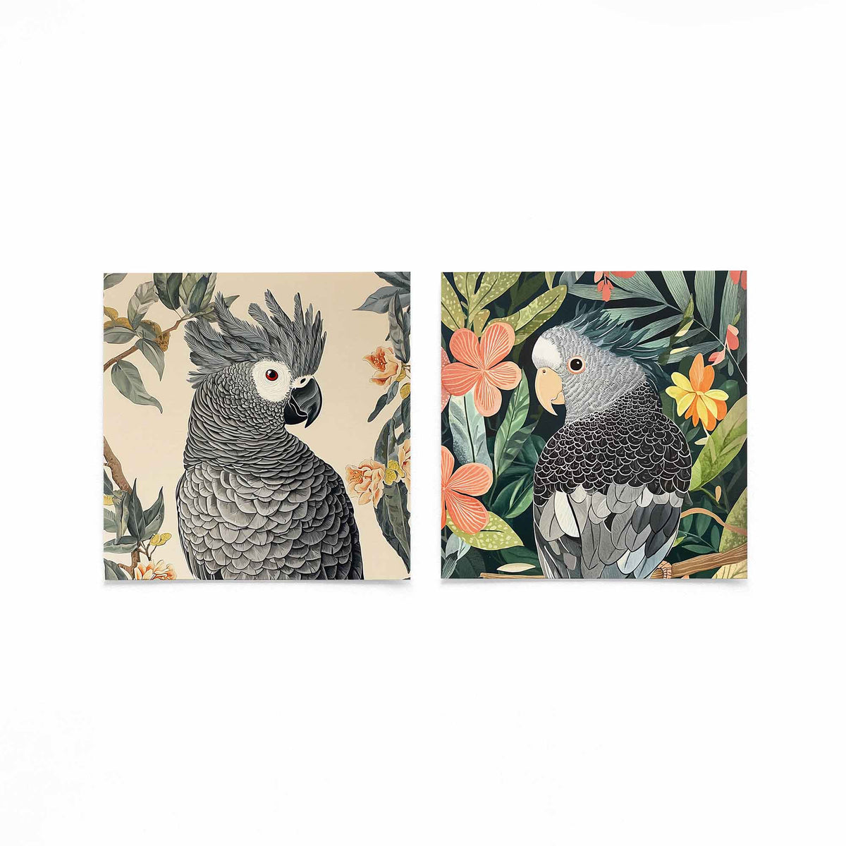 Twee vierkante posters met kaketoes tussen bloemen op een gebroken witte achtergrond