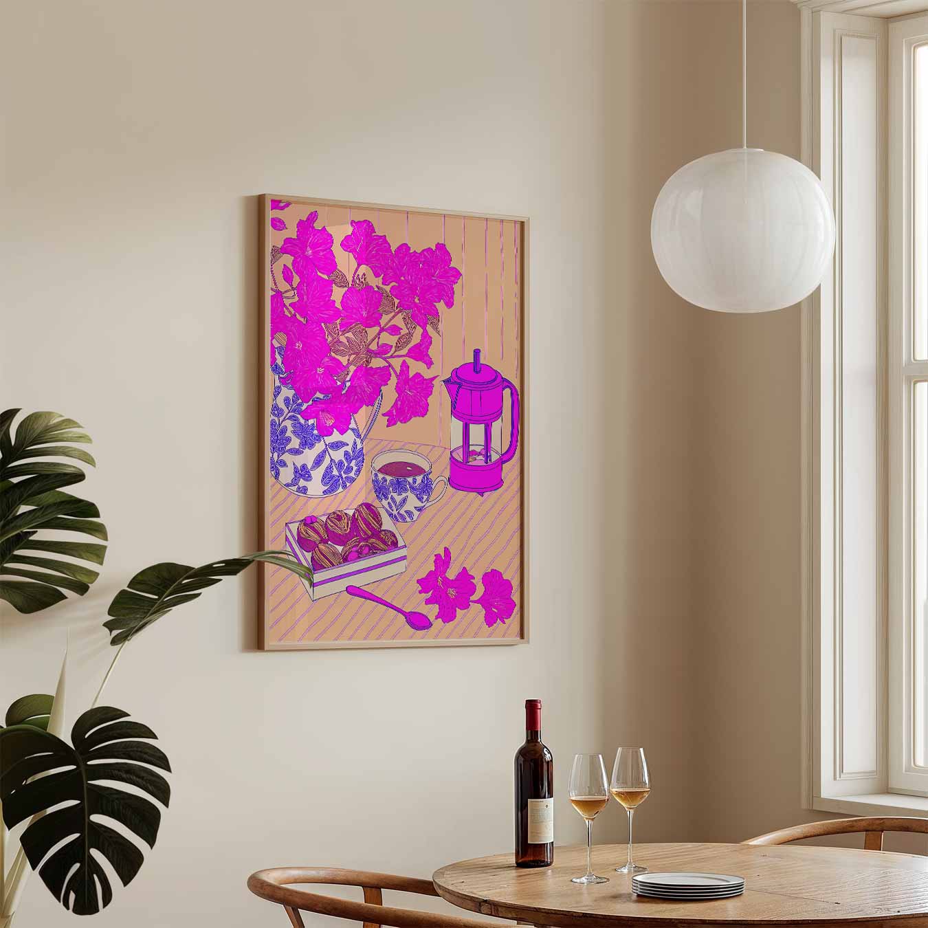 Roze Bloemen en Koffie Moment Poster-WallArtistic