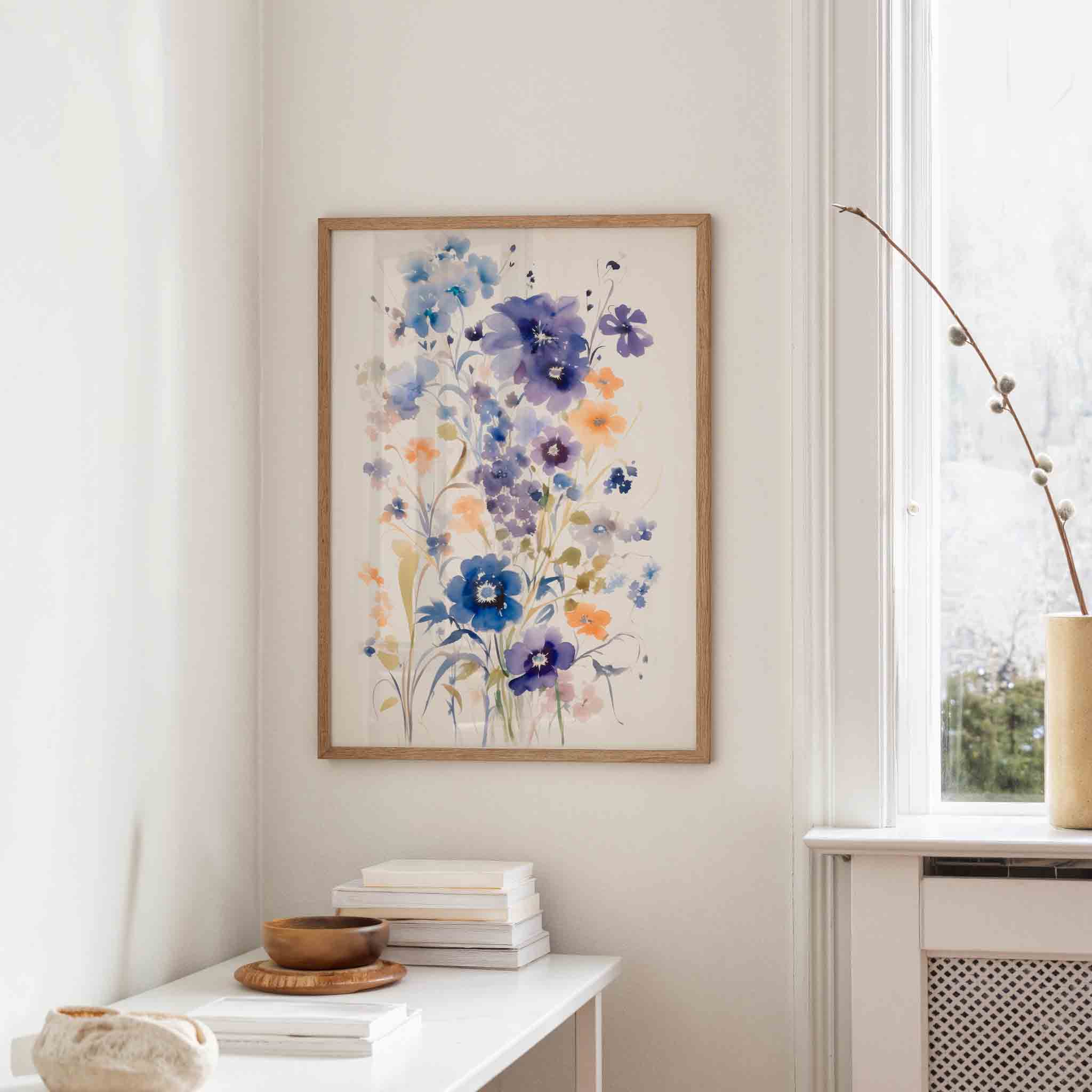 Bloemen in blauw en oranje Poster
