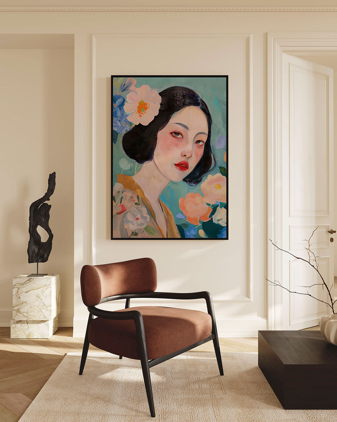 Vrouwelijk portret bloemen Kunstwerk