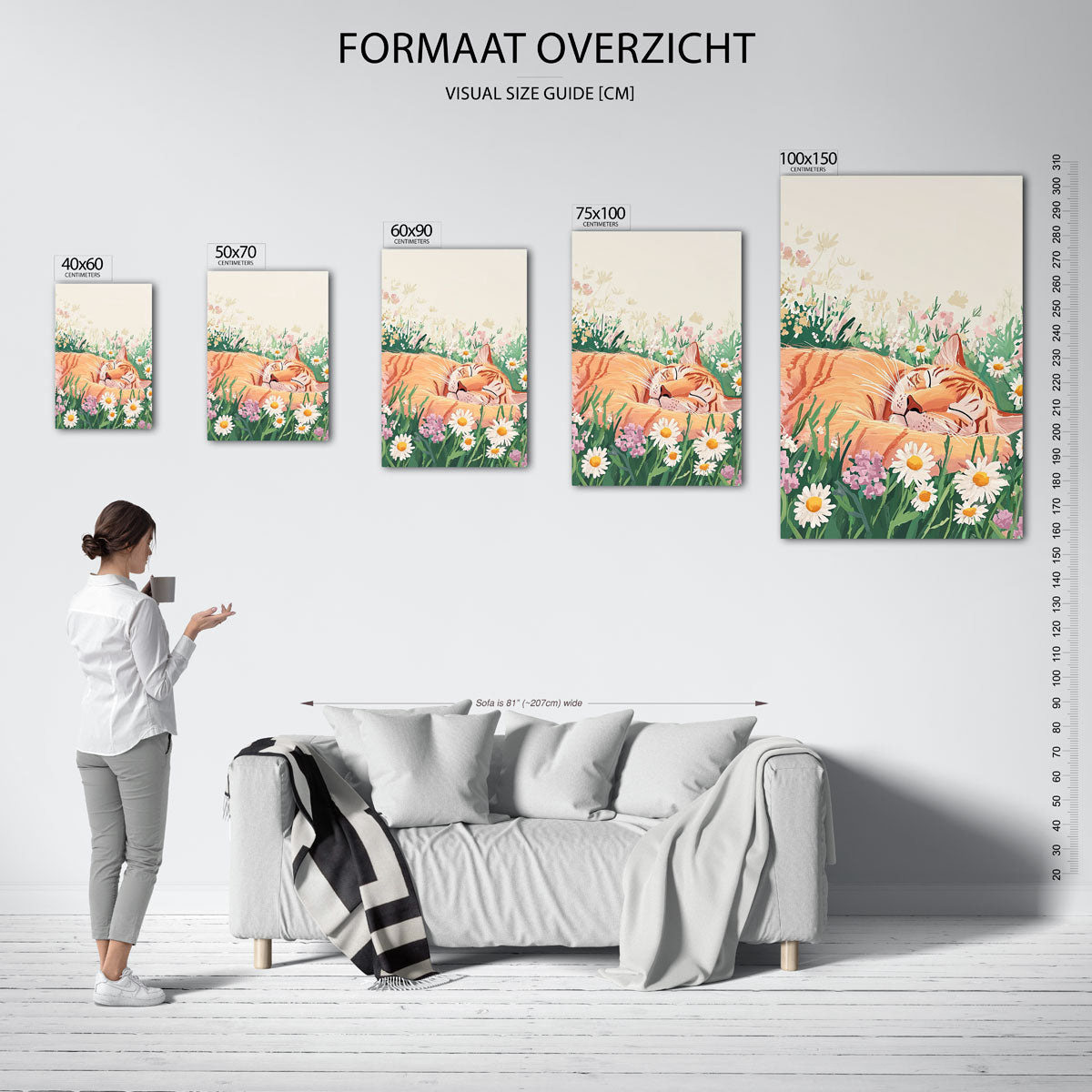 Dromende kat in bloemen Kunstwerk