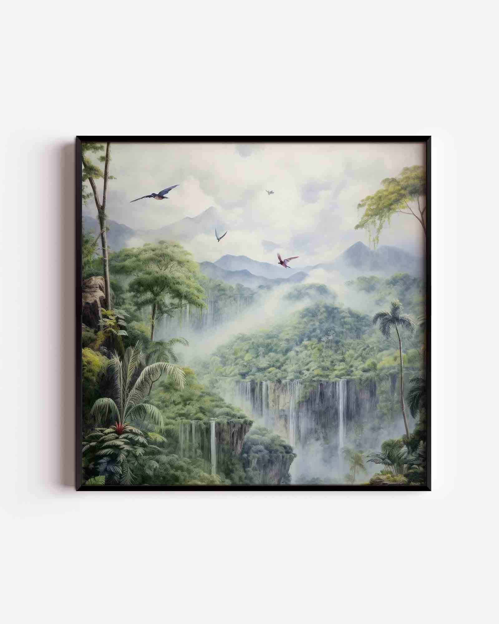 Vliegende vogels boven waterval Poster