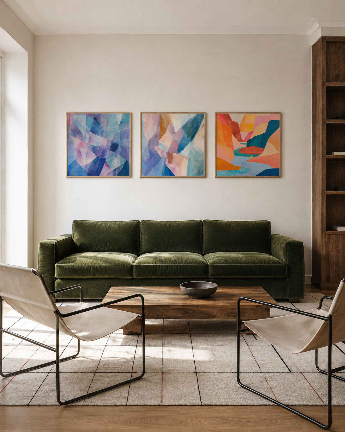 Interieurpresentatie van een driedelige vierkante posterset met abstracte kleuren