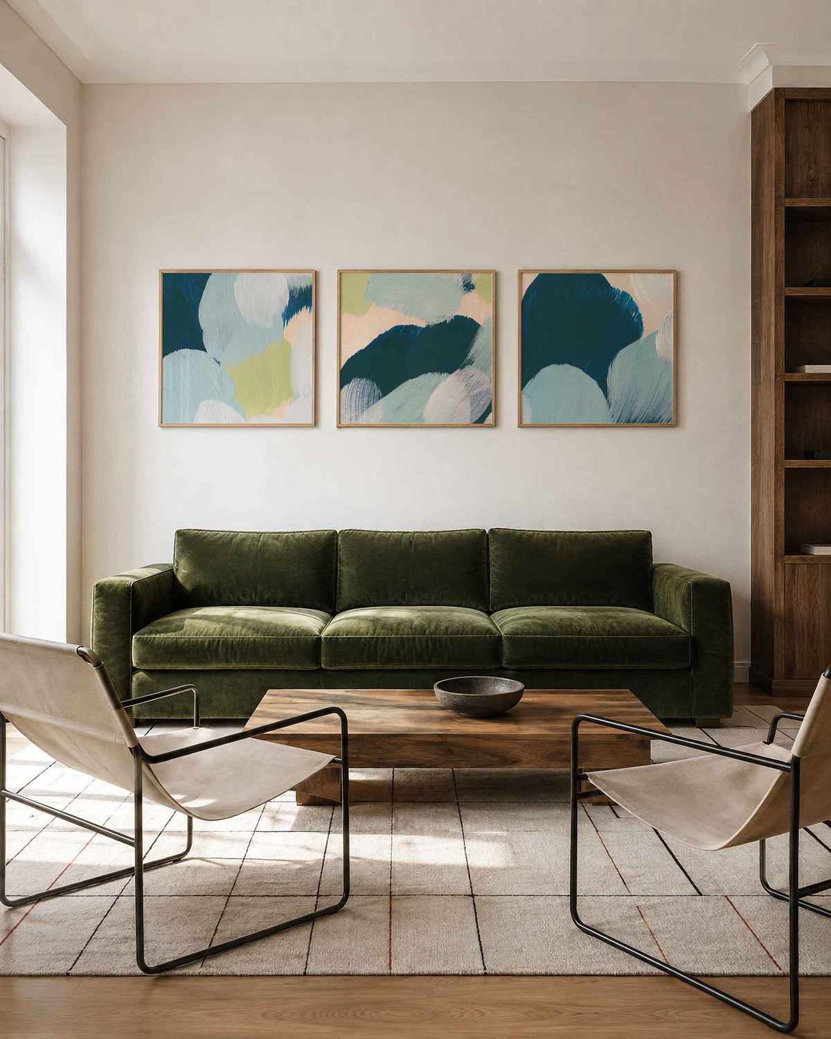 Interieurpresentatie van een driedelige vierkante posterset met abstracte blauwe penseelstreken