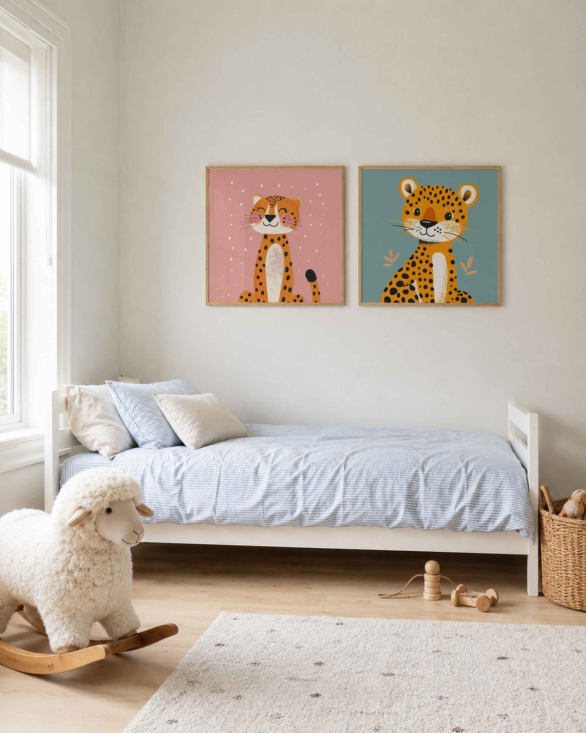 Interieurpresentatie van een tweedelige vierkante posterset met gevlekte jachtluipaarden