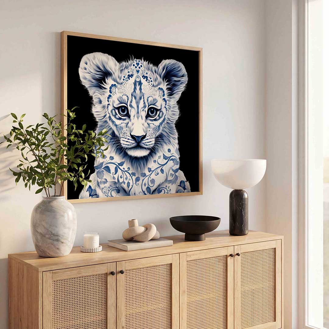 Leeuwenwelp met blauwe patronen Poster