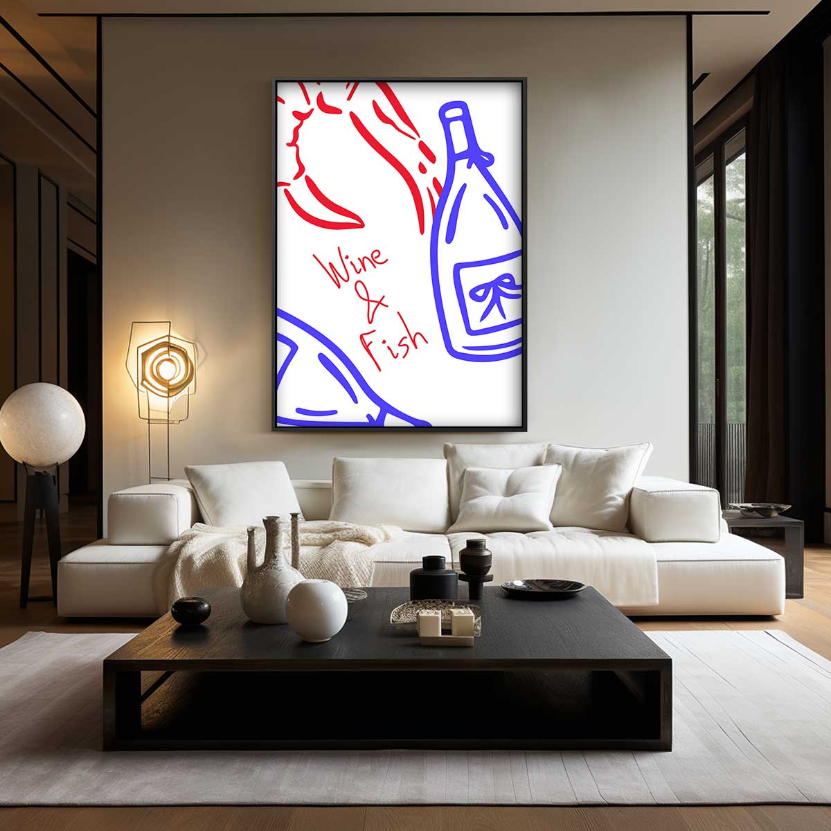Wijn en Vis Illustratie Kunstwerk-canvas-dibond-plexiglas-wanddecoratie-WallArtistic