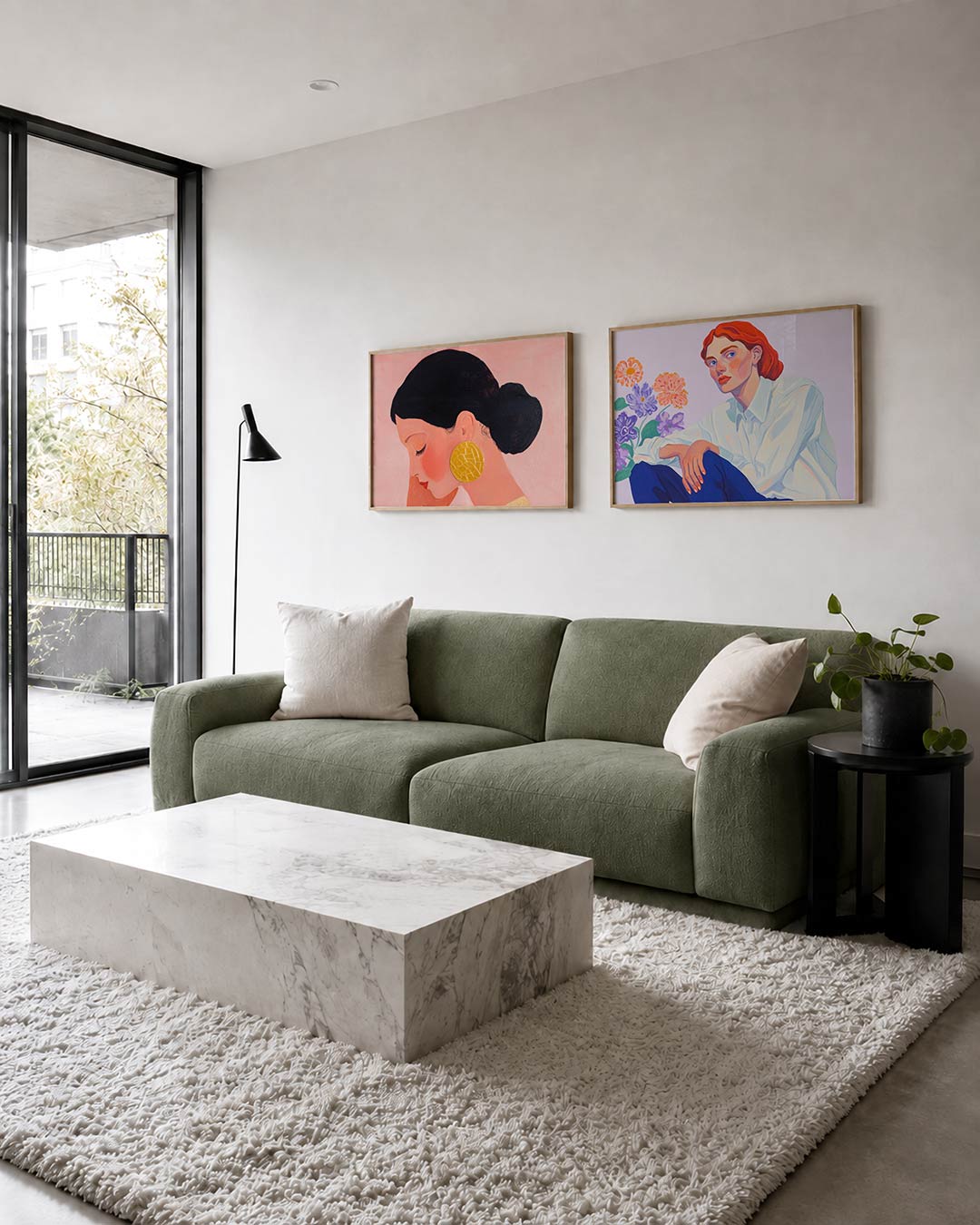Tweedelige posterset met een vrouwelijk profiel met een zachte roze achtergrond, getoond in een interieur