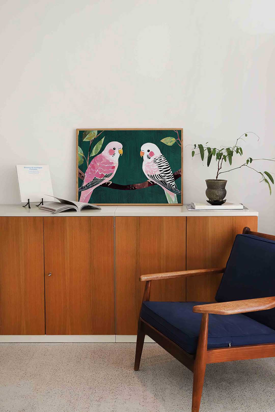 Twee parkieten op tak Poster