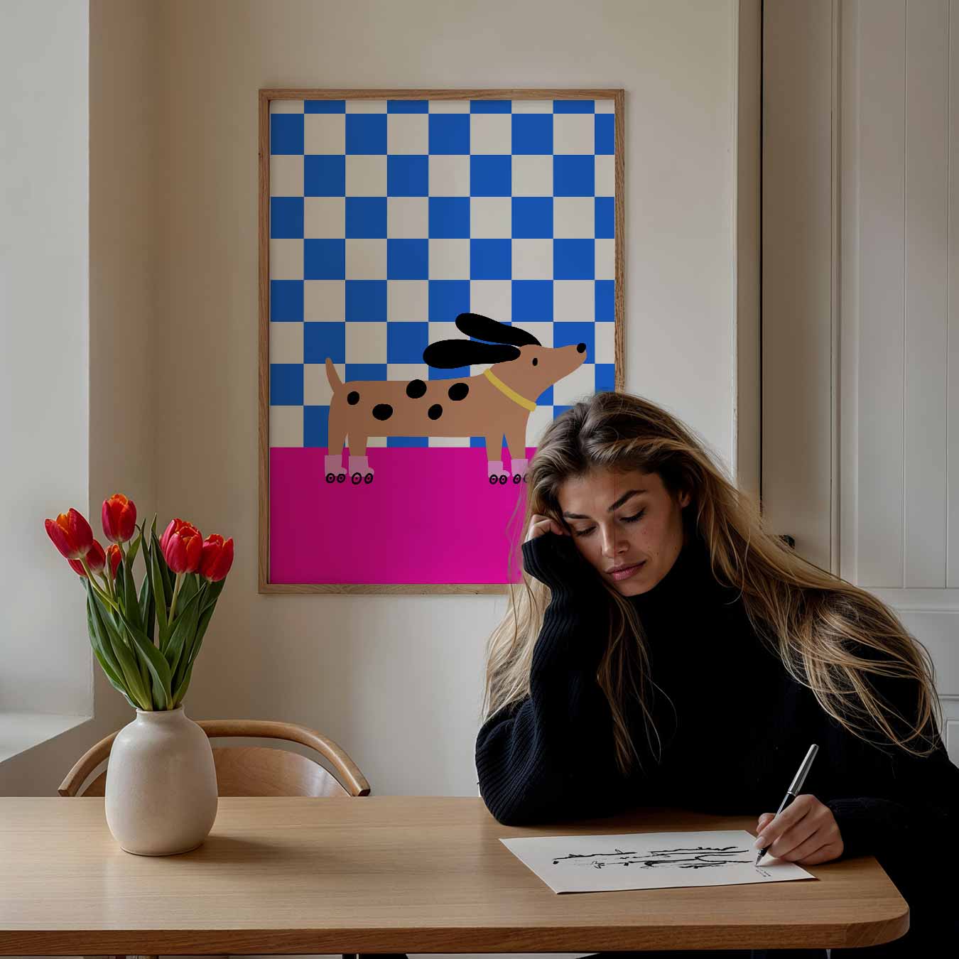 Trendy Dashond op Skates Poster-WallArtistic