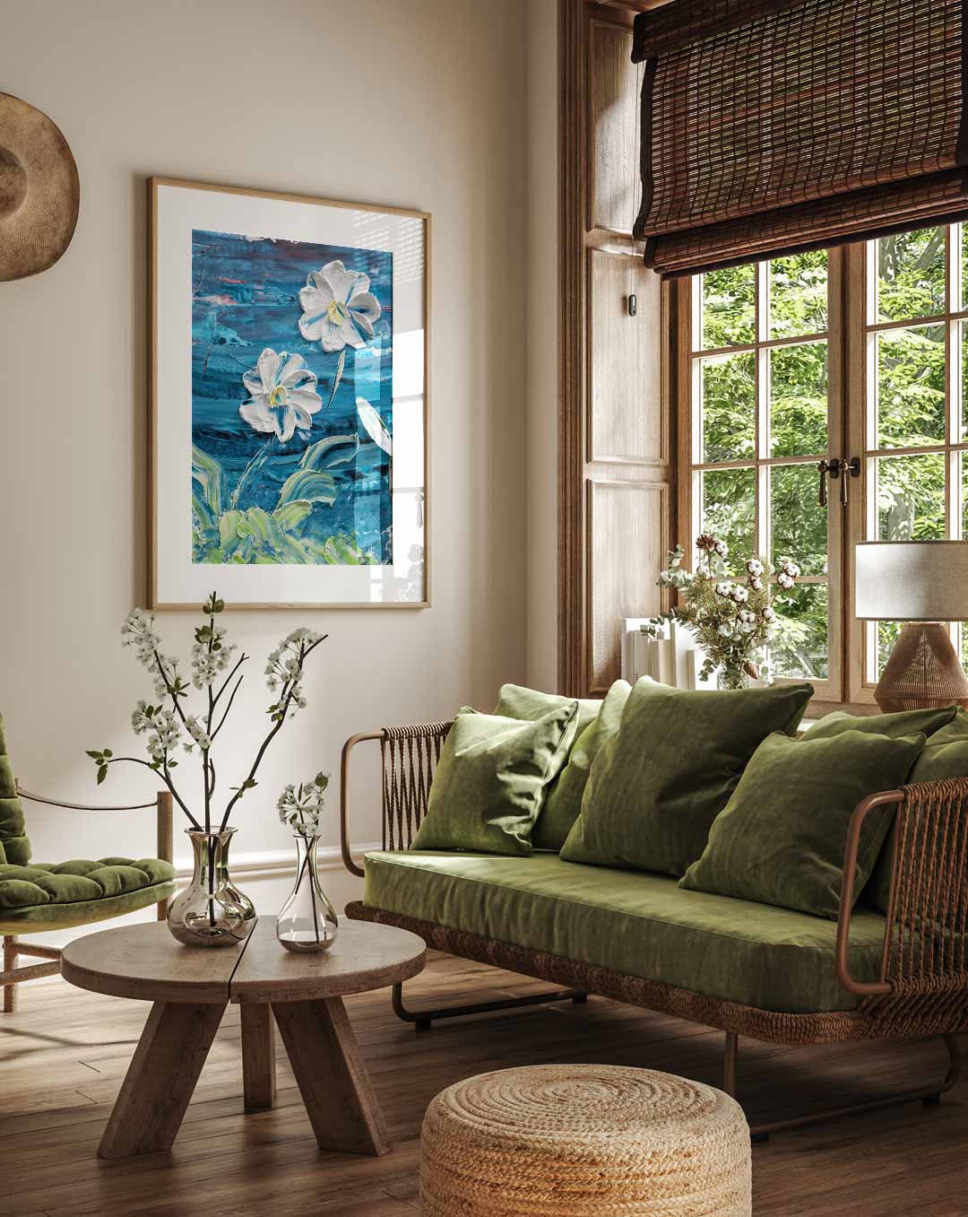 Bloemenpracht in Blauwe Penselen Poster-WallArtistic