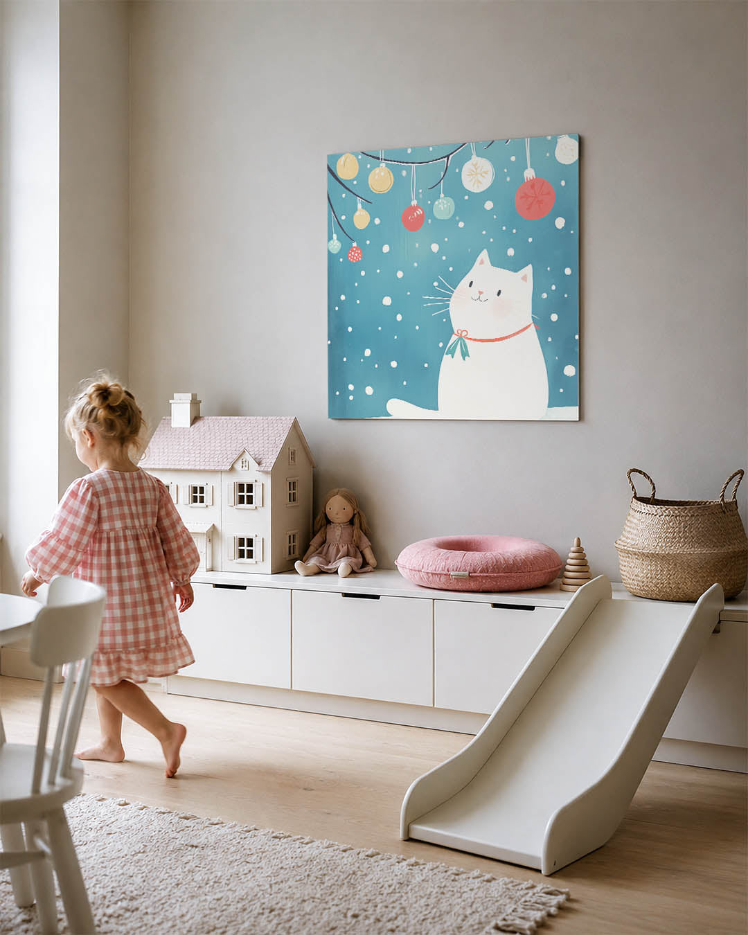Speelse kat en sneeuwvlokken Kunstwerk