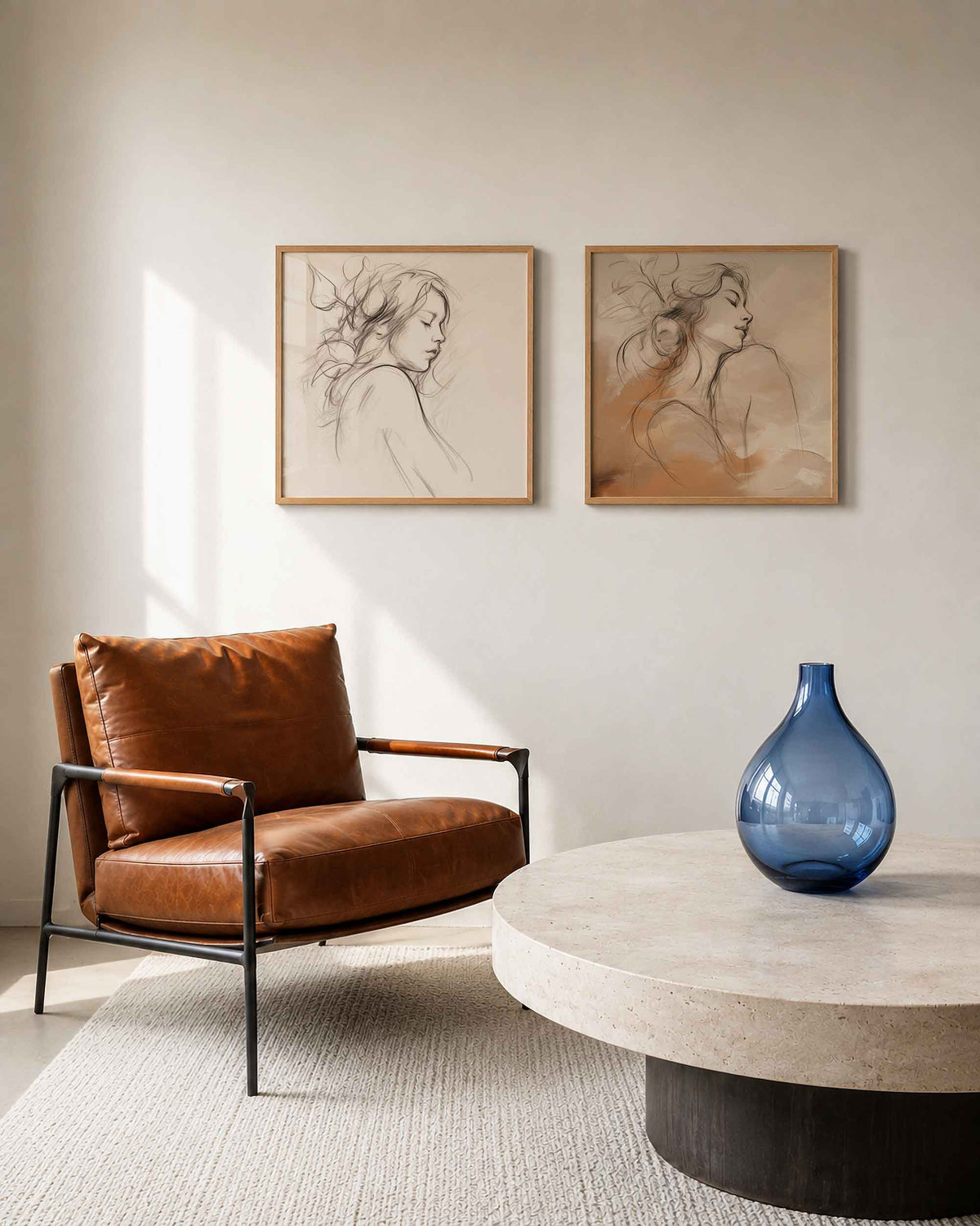 Interieurpresentatie van een tweedelige vierkante posterset met vrouwenportretten