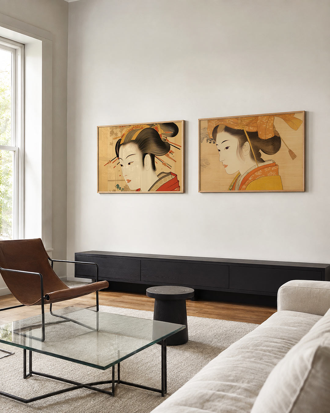 Twee liggende posters met een lijnportret in zachte kleuren, aan de muur in een interieur