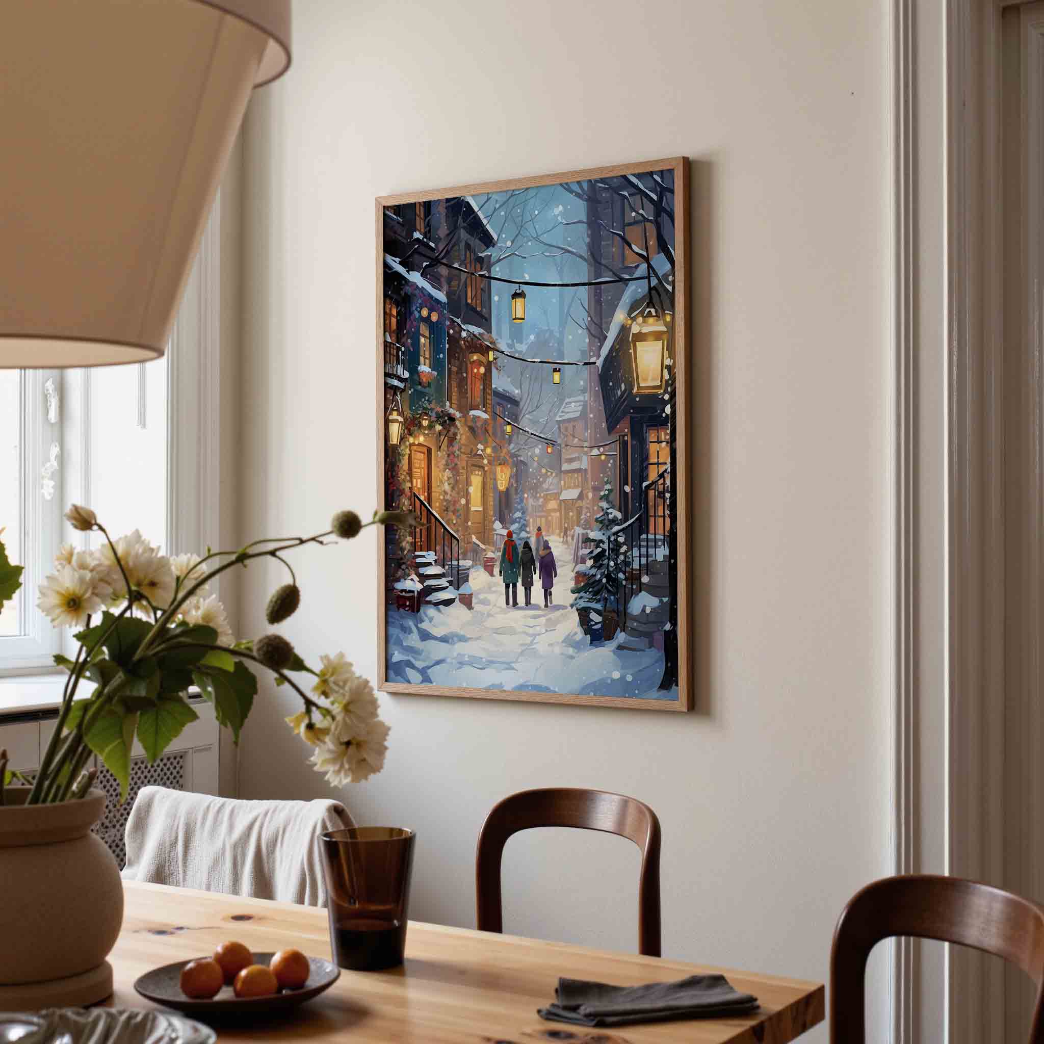 Winterse straat met lantaarns Poster