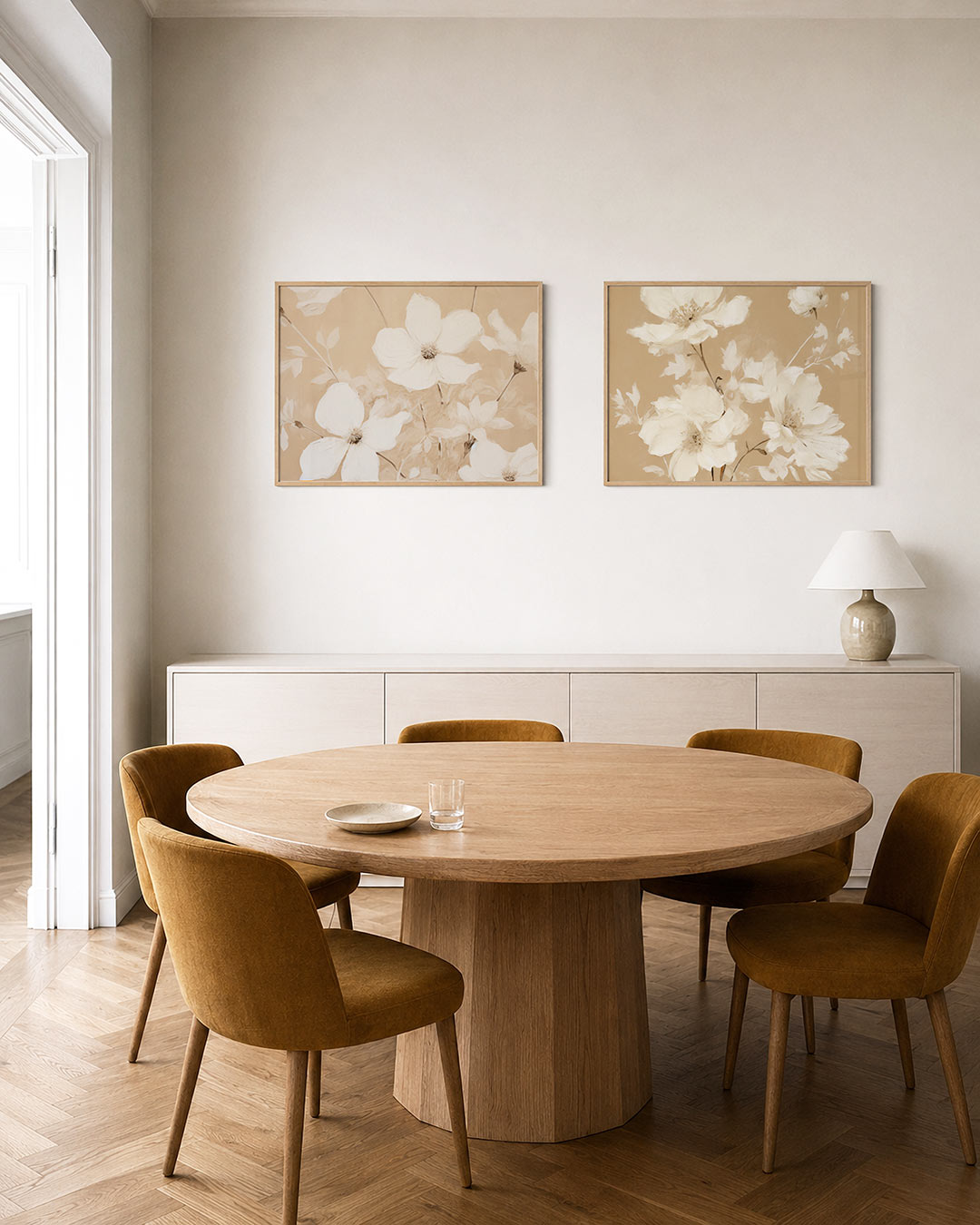 Tweedelige posterset met delicate witte bloemen op een zachte beige achtergrond, getoond in een interieur