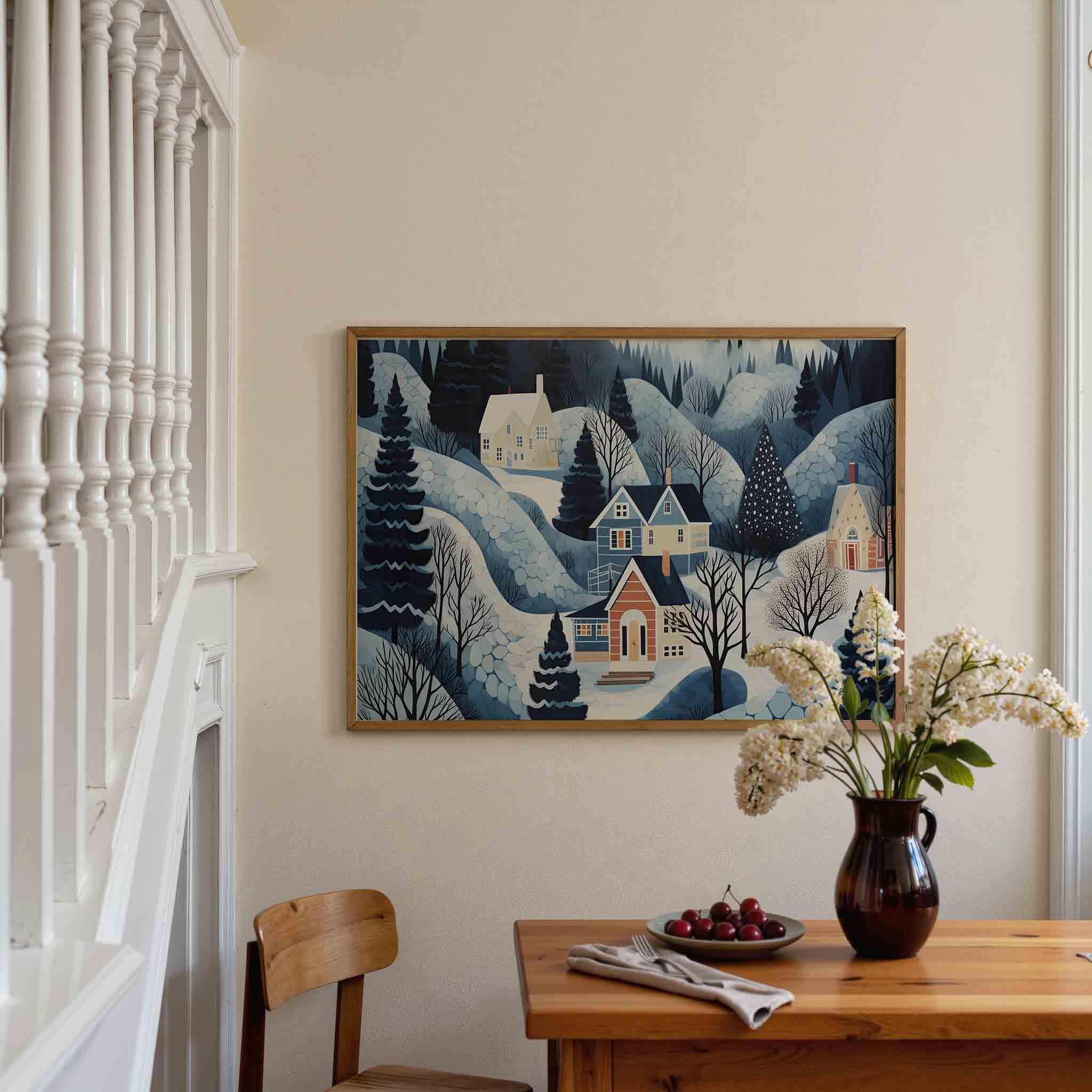 Winterlandschap met huizen Poster