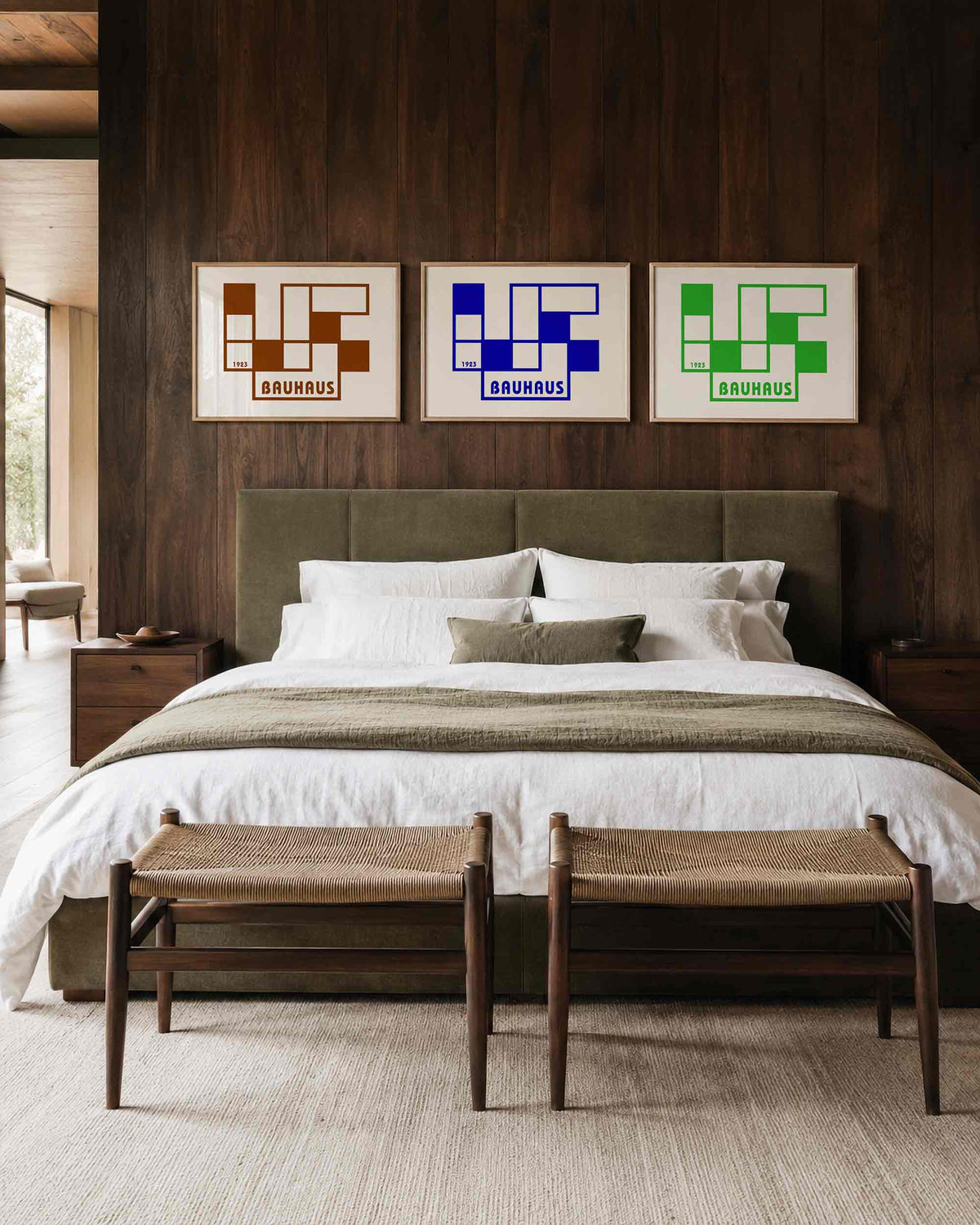 Interieurmockup van drieluik landscape-posterset met gekaderde bauhausletters