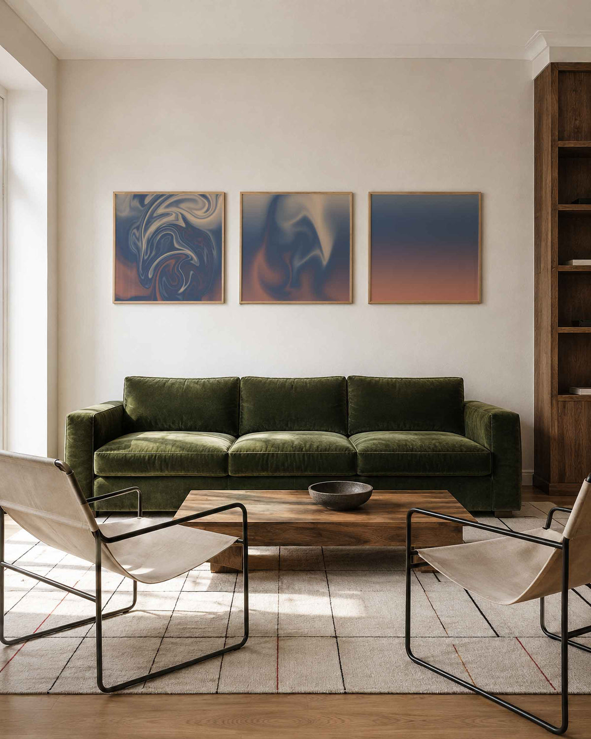 Interieurpresentatie van een driedelige vierkante posterset met blauwe abstracte