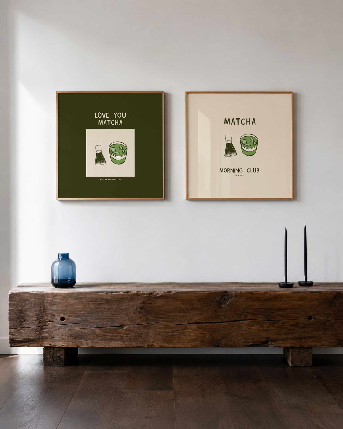 Interieurpresentatie van een tweedelige vierkante posterset met matcha morning