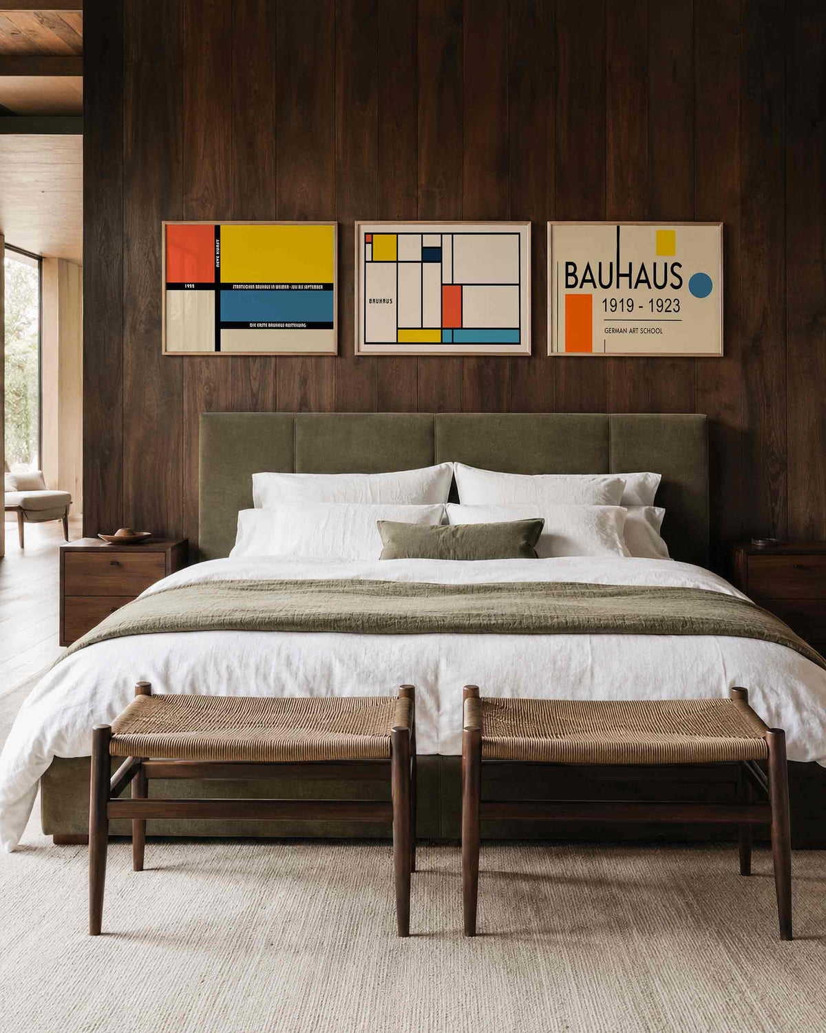 Interieurmockup van drieluik landscape-posterset met kleurvlakken en zwarte lijnen