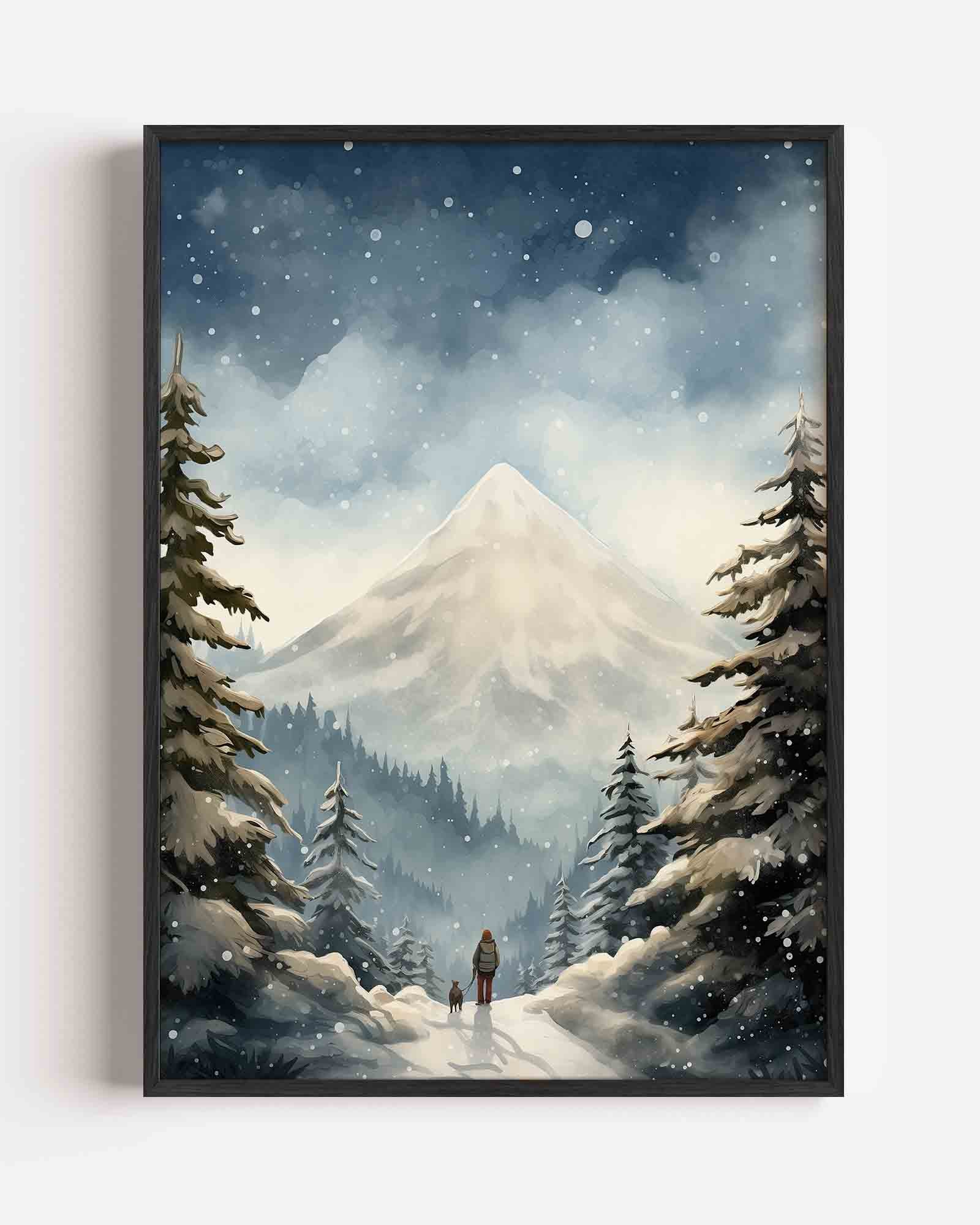 Wandeling in besneeuwd bos Poster