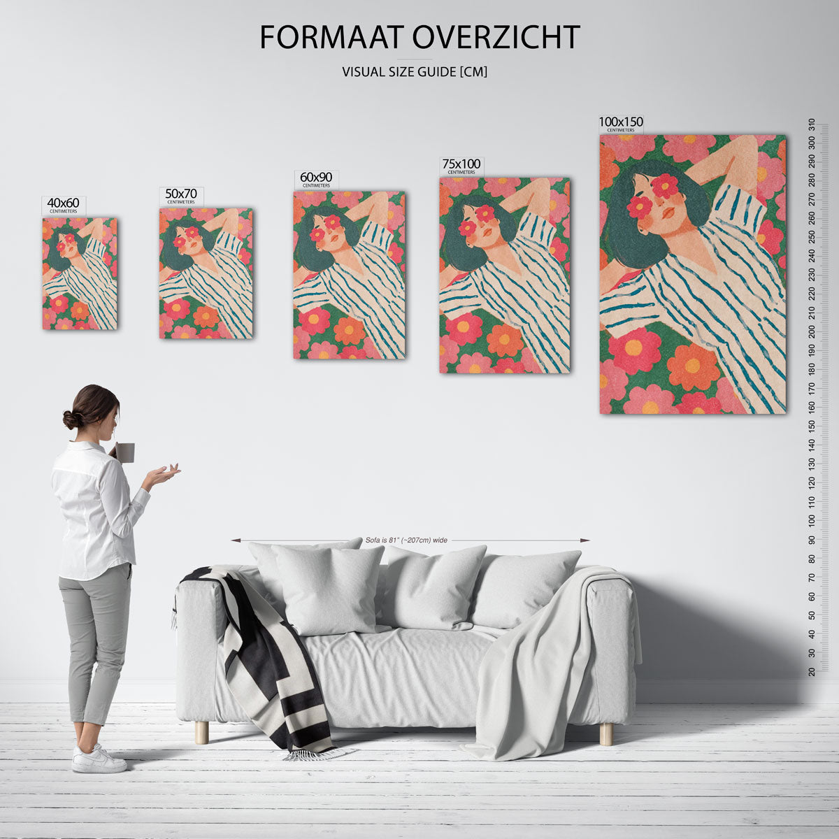 Vrouw in bloemenveld Kunstwerk