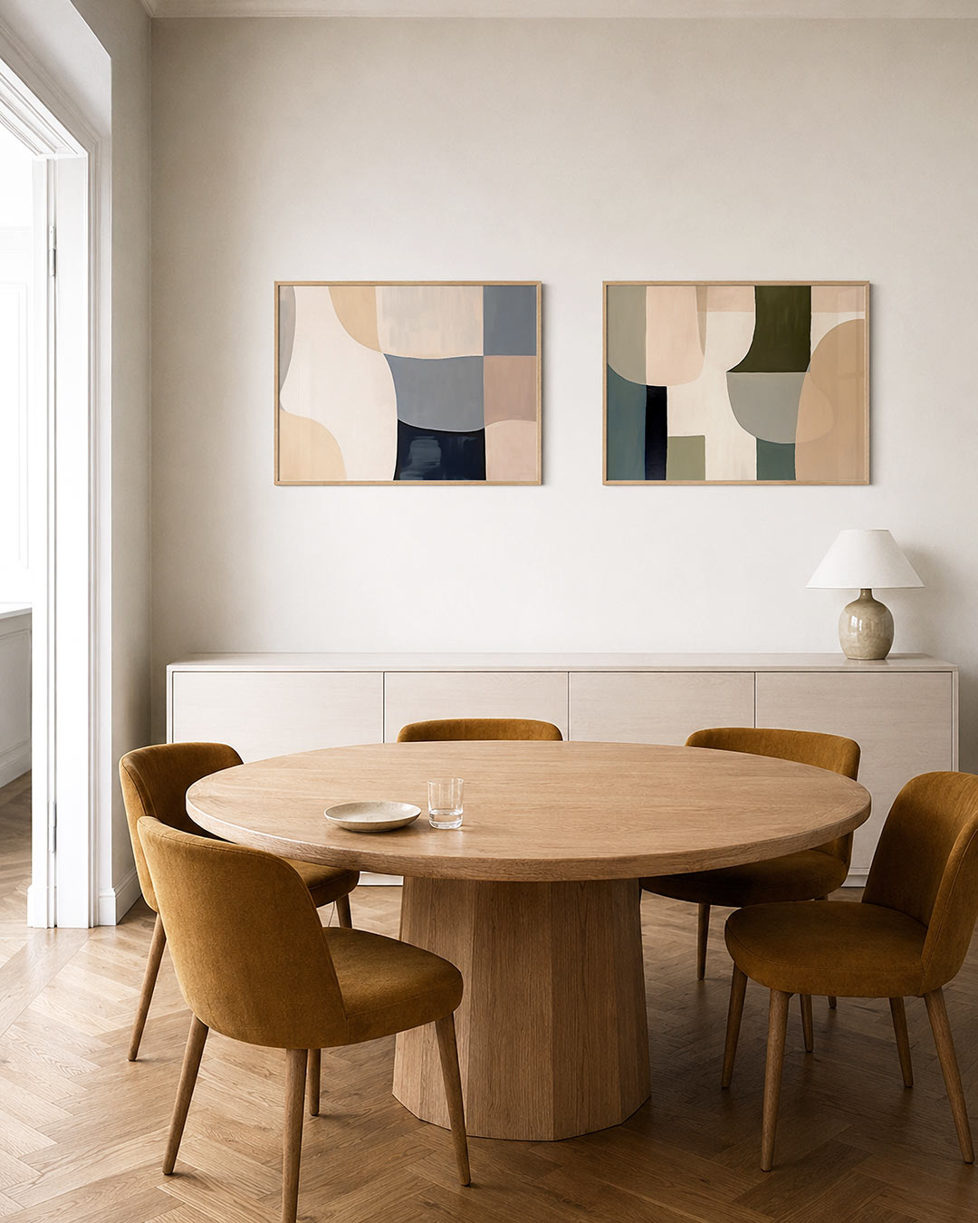 Tweedelige posterset met vloeiende lijnen en zachte kleurvlakken in beige, wit en blauwgrijs, getoond in een interieur