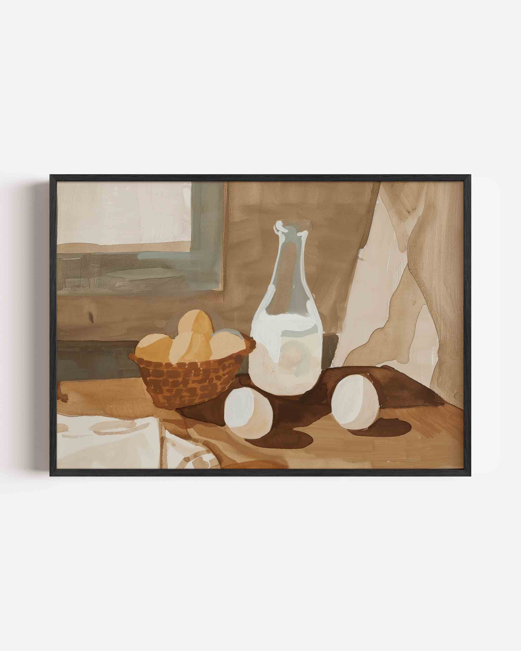 Stilleven met eieren en fles Poster