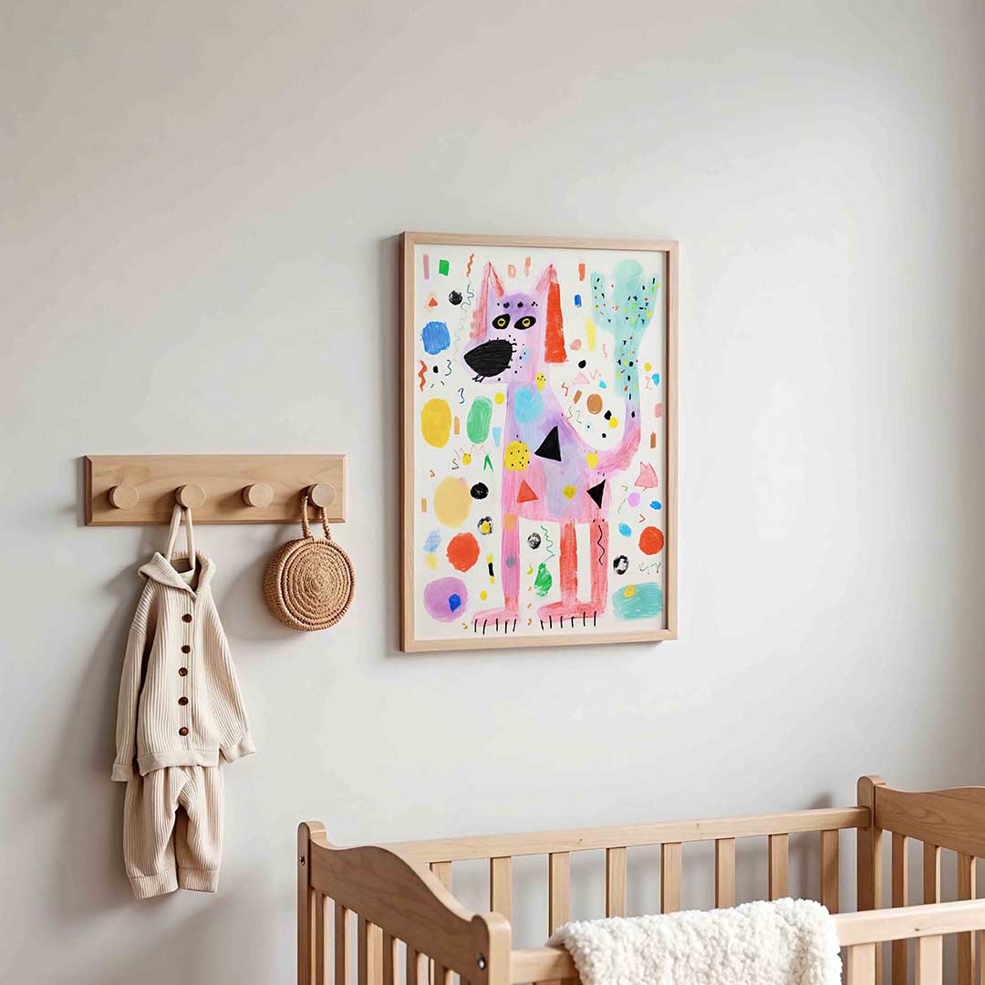 Speelse hond met kleurrijke vormen Poster