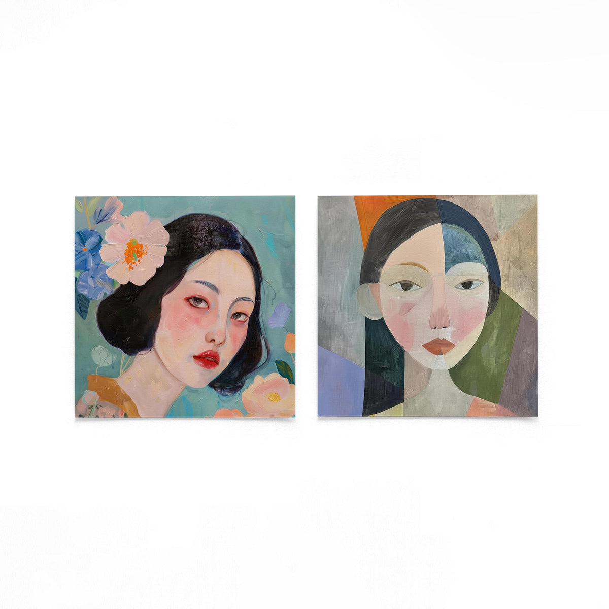 Twee vierkante posters met bloemen en vrouwenportretten op een gebroken witte achtergrond