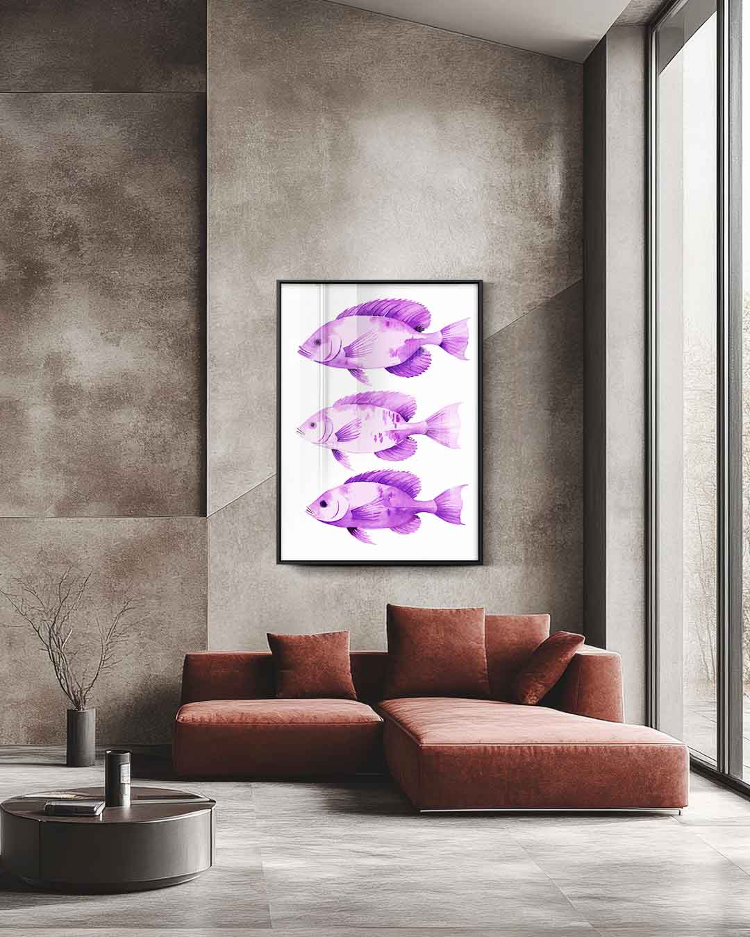 Paarse Vis Trio Kunstwerk-canvas-dibond-plexiglas-wanddecoratie-WallArtistic