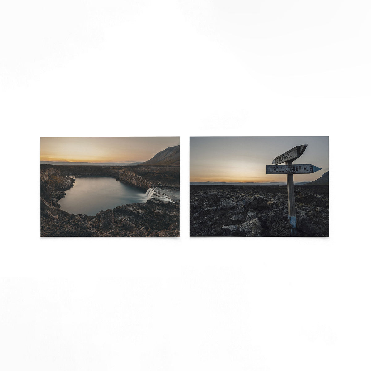 Productfoto van twee liggende posters met lavastroom bij avondlicht – Gerald Emming