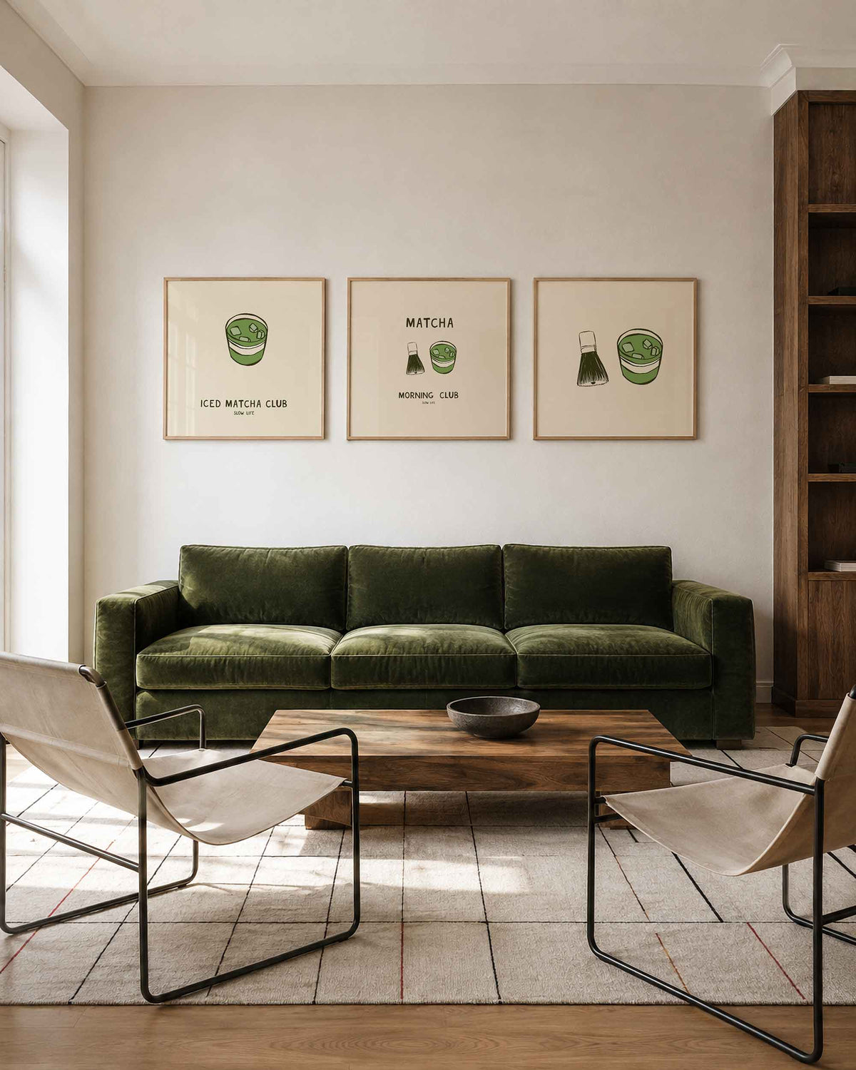 Interieurpresentatie van een driedelige vierkante posterset met matcha en klopper
