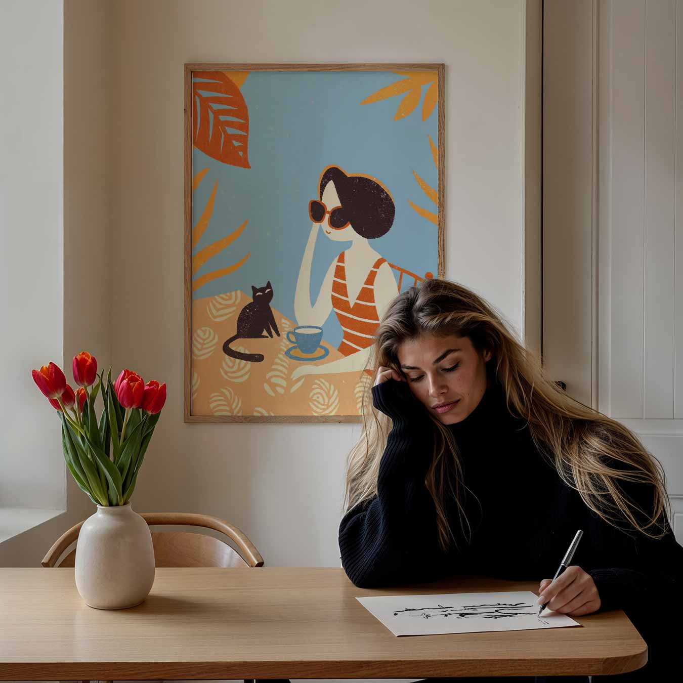 Vrouw met Kat en Koffie Poster-WallArtistic