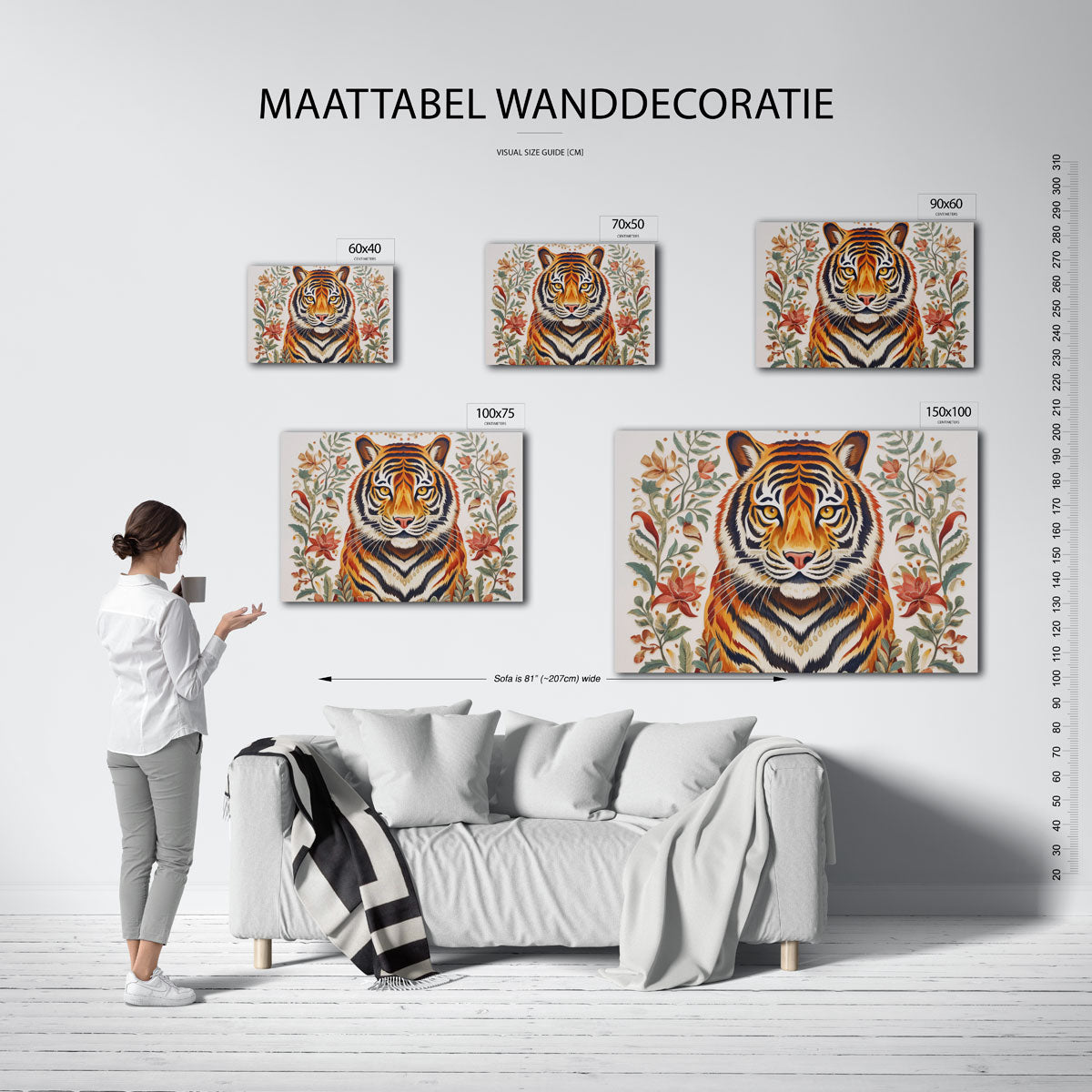 Tijgerportret met bloemen Kunstwerk