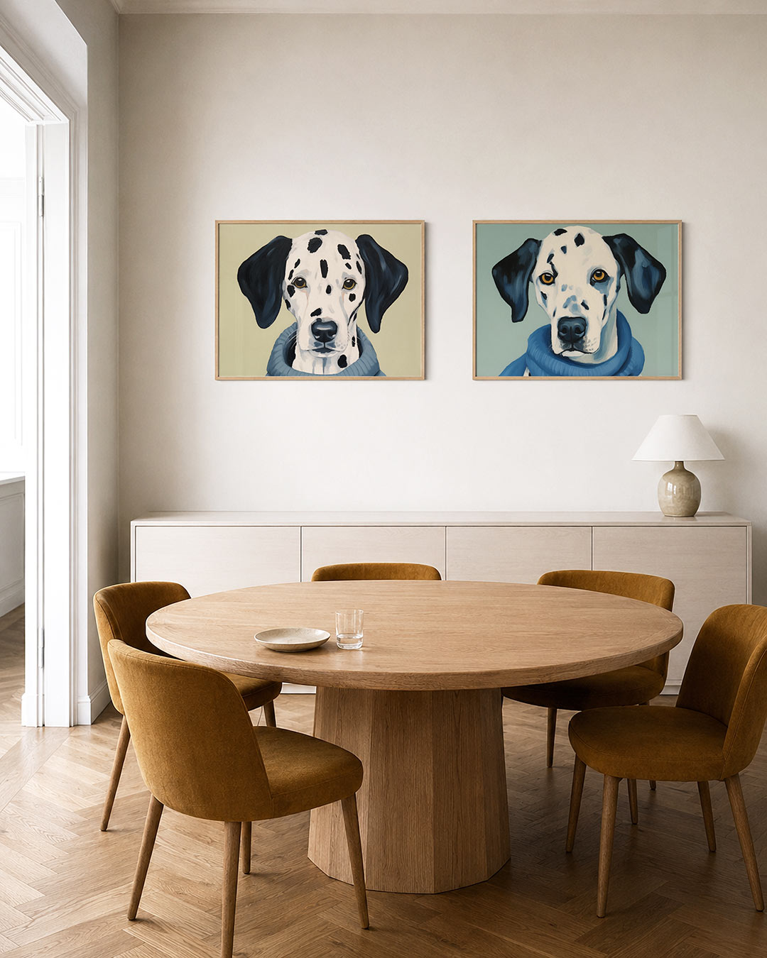 Twee liggende posters met een speelse compositie met een dalmatiër in een blauwe trui, aan de muur in een interieur