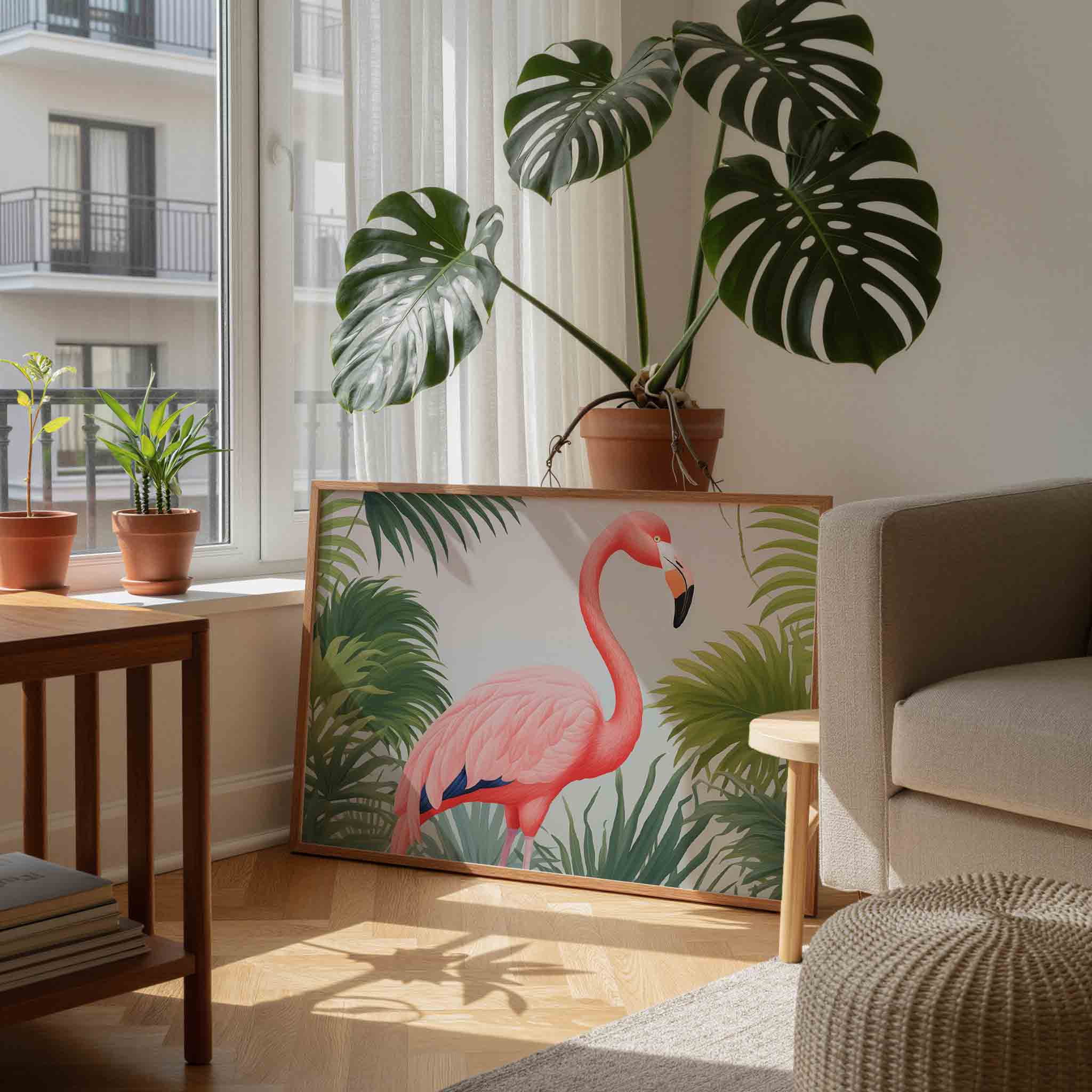 Flamingo en bladeren Poster