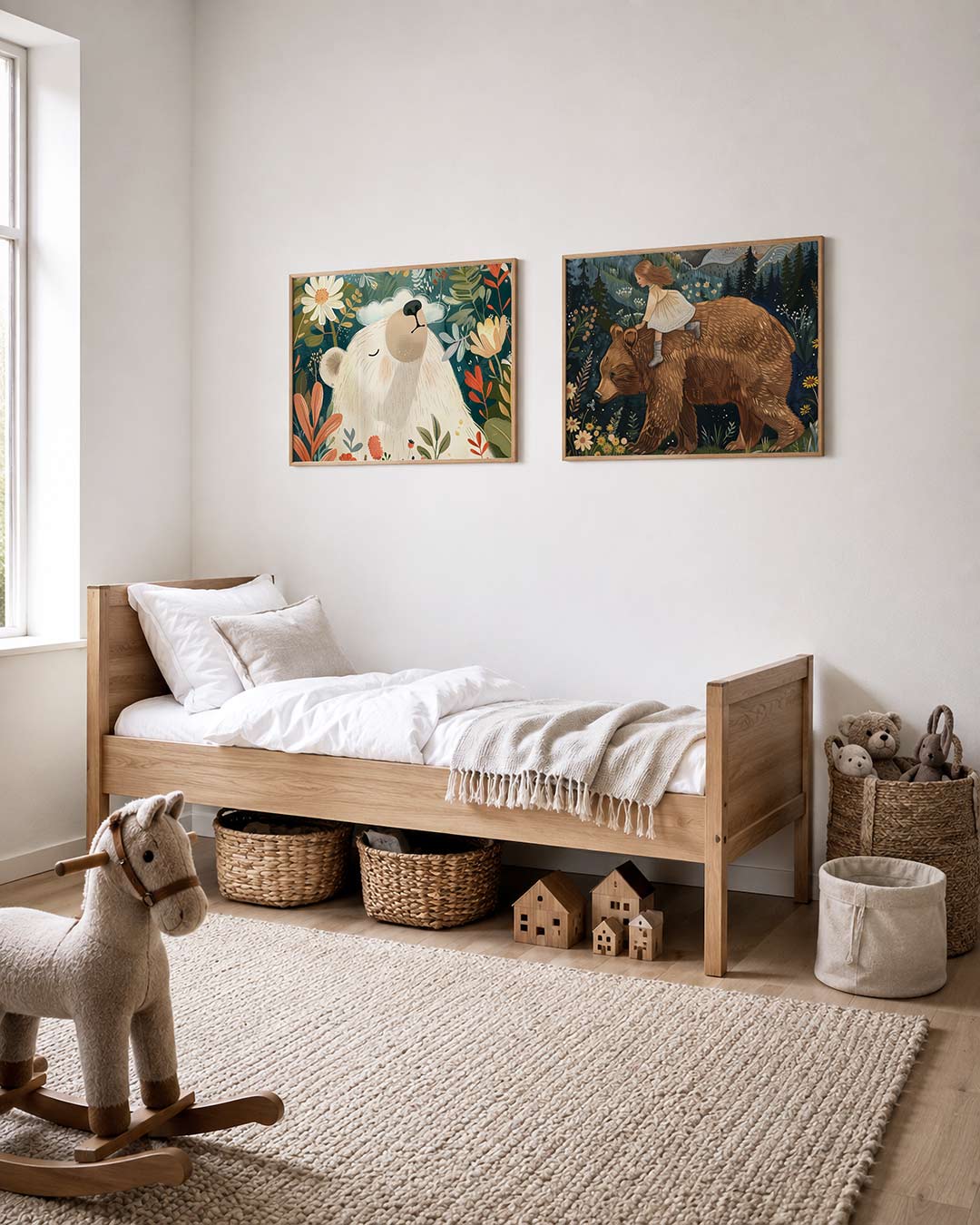 Twee liggende posters met een grote, witte beer met gesloten ogen, aan de muur in een interieur