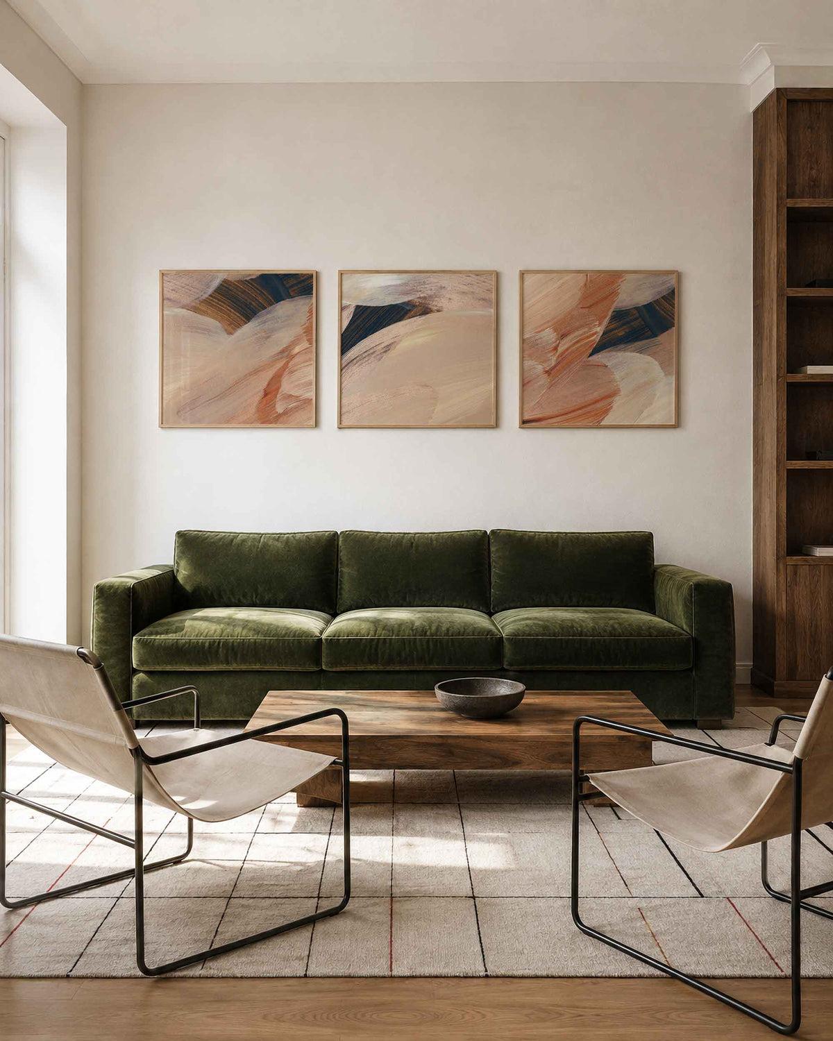 Interieurpresentatie van een driedelige vierkante posterset met abstracte aardetinten