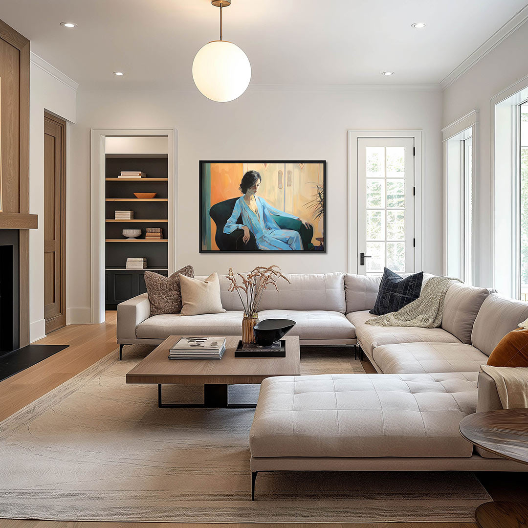 Vrouw in blauwe kamer Kunstwerk